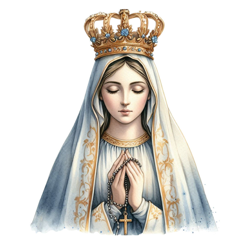 religious, madonna, spiritual, devotional, catholic, christian faith, virgin mary, prayer, heavenly, celestial, gold crown, cross pendant, rosary beads, light blue, pale blue, cream white, gold accents, pearl white, elegant, traditional, reverent, peaceful, serene, meditative, portrait, religious iconography, faith-based, inspirational, wall hanging, spiritual decor