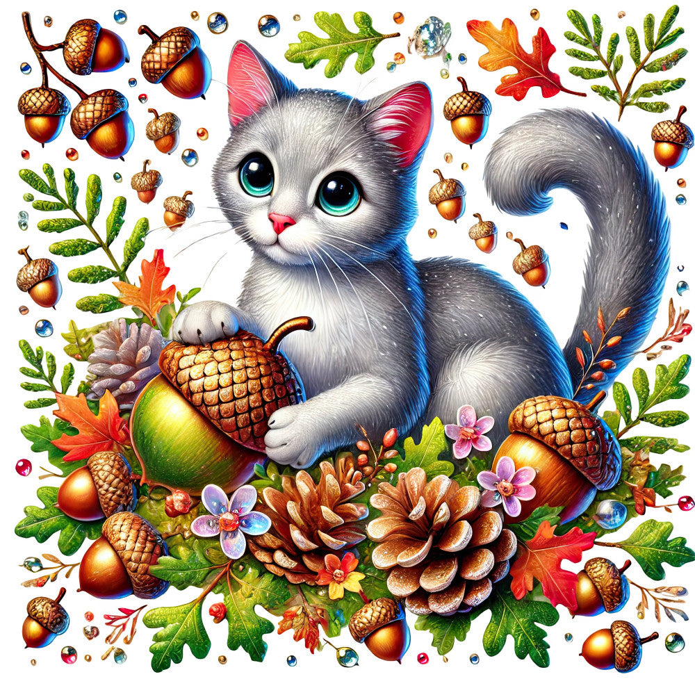 white cat, turquoise eyes, autumn leaves, acorns, pinecones, flowers, nature, whimsical, woodland, forest green, golden brown, coral pink, red-orange, soft gray, blue accents, fall, seasonal, animal theme, playful, cute, decorative, botanical, leaf motifs, berry details, gem stones, sparkle, enchanted, storybook style, children's fabric