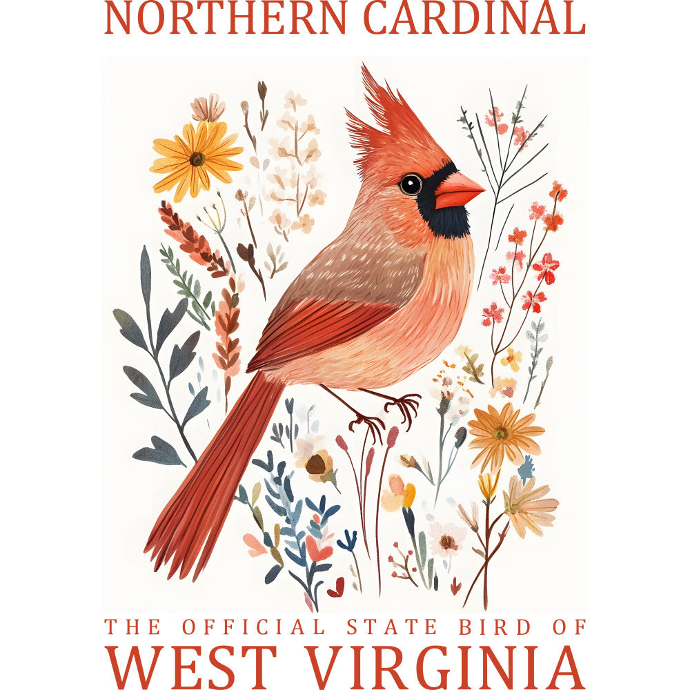 northern cardinal, west virginia, state bird, red cardinal, orange flowers, botanical illustration, wildflowers, fabric panel, quilting cotton, bird artwork, coral red, golden yellow, sage green, floral motif, nature design, wildlife theme, decorative panel, craft fabric, sewing project, autumn colors