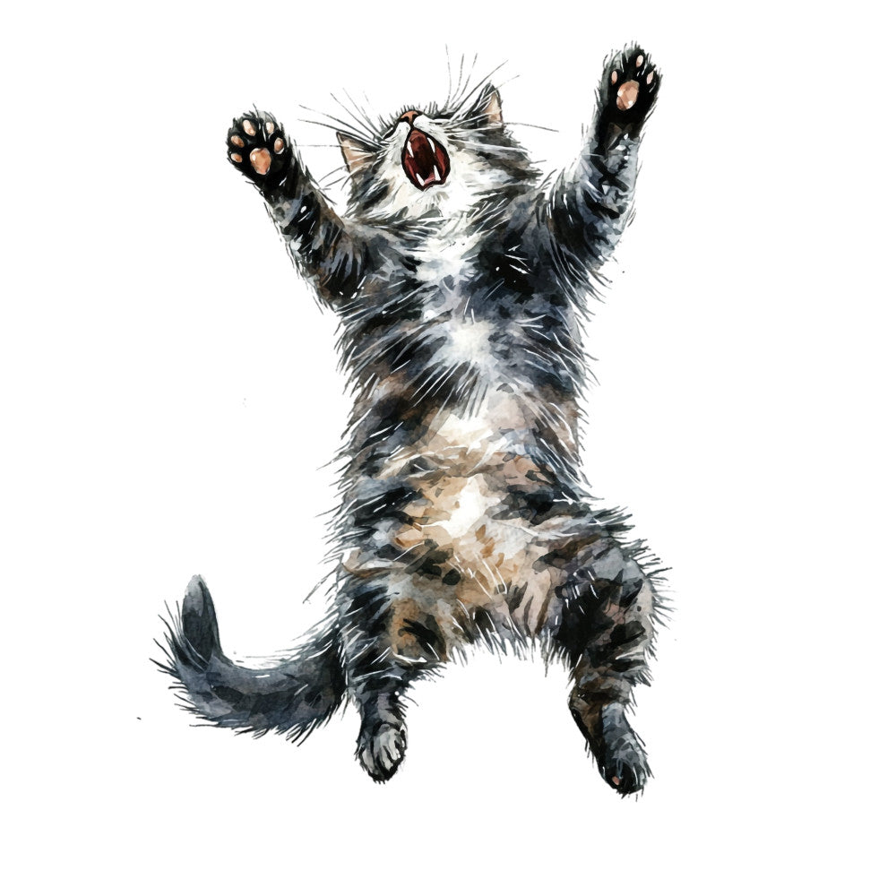 black and white cat, tabby cat, jumping cat, playful cat, cat illustration, whimsical cats, charcoal gray, black, white, cream, tan, animal print, cat motif, feline, pets, animal lovers, children's print, playful animals, expressive cat, cartoon cat, modern animal, casual style, fun print, cat fabric, upholstery, apparel, home decor, pet themed, joyful design