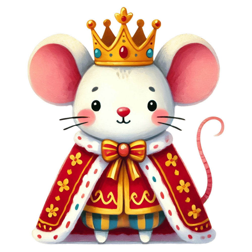 royal mouse, crown, red, gold, coral pink, cream white, whimsical, cute animals, princess theme, fairy tale, children's fabric, baby fabric, character panel, regal, ornate cape, bow tie, striped stockings, jeweled crown, decorative motifs, storybook, playful, enchanted, royal characters, floral details, festive, vibrant colors, novelty print, character design, illustration style