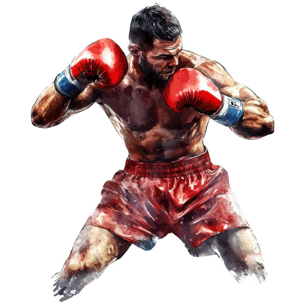 red boxing gloves, boxing, boxer, sports, athletic, muscular man, male figure, portrait, strength, power, red and blue, deep red, navy blue, cream, tan, beige, brown skin tones, watercolor, illustrated, artistic, action pose, dynamic, masculine, fighting, combat sport, gym, fitness, motivational, sports themed, men's interest