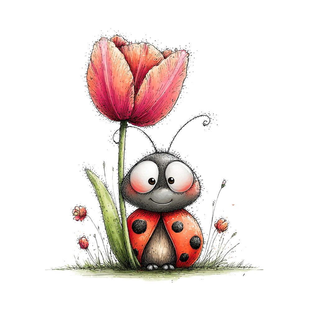 coral pink, red, spring green, whimsical, ladybug, tulip, nature, garden, insects, children's, baby, cute animals, playful, illustrative, watercolor, soft pastels, spring, summer, cheerful, botanical, floral, animal friends, woodland, nursey, storybook, charming, delightful, decorative, wall art, nursery decor