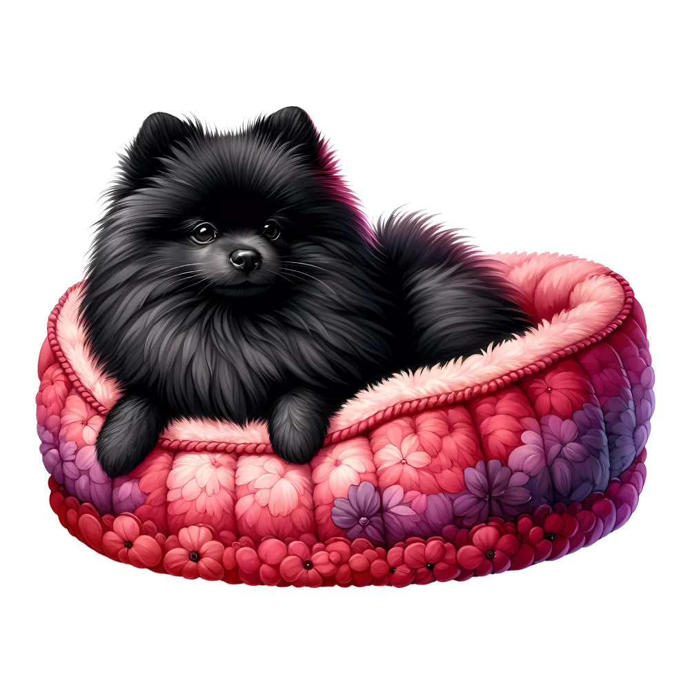 black pomeranian, cute dog, fluffy puppy, pink bed, raspberry pink, magenta, rose pink, deep purple, coral pink, floral pattern, flower motif, whimsical style, playful, children's fabric, pet theme, animal lover, cozy, cushion, decorative pillow, nursery, dog lover gift, feminine, vibrant colors, botanical, petal design, modern whimsical, sweet, adorable pets