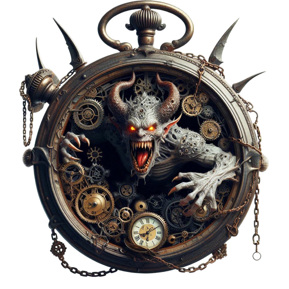 steampunk, bronze, copper, gold, dark brown, burnt orange, red, black, gears, cogs, mechanical, clock, gothic, demon, devil, horns, teeth, fantasy, dark fantasy, vintage, industrial, alternative, halloween, spooky, mystical, magical, chains, elaborate, ornate, detailed