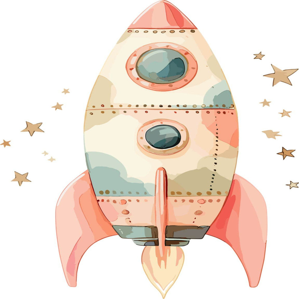 rocket, spaceship, celestial, stars, space theme, outer space, children's, kids, nursery, baby, whimsical, playful, cream, coral pink, sage green, dusty blue, peach, tan, beige, adventure, exploration, vintage style, retro, whimsy, boy's nursery, space adventure, porthole windows, blast off, cosmic, starry