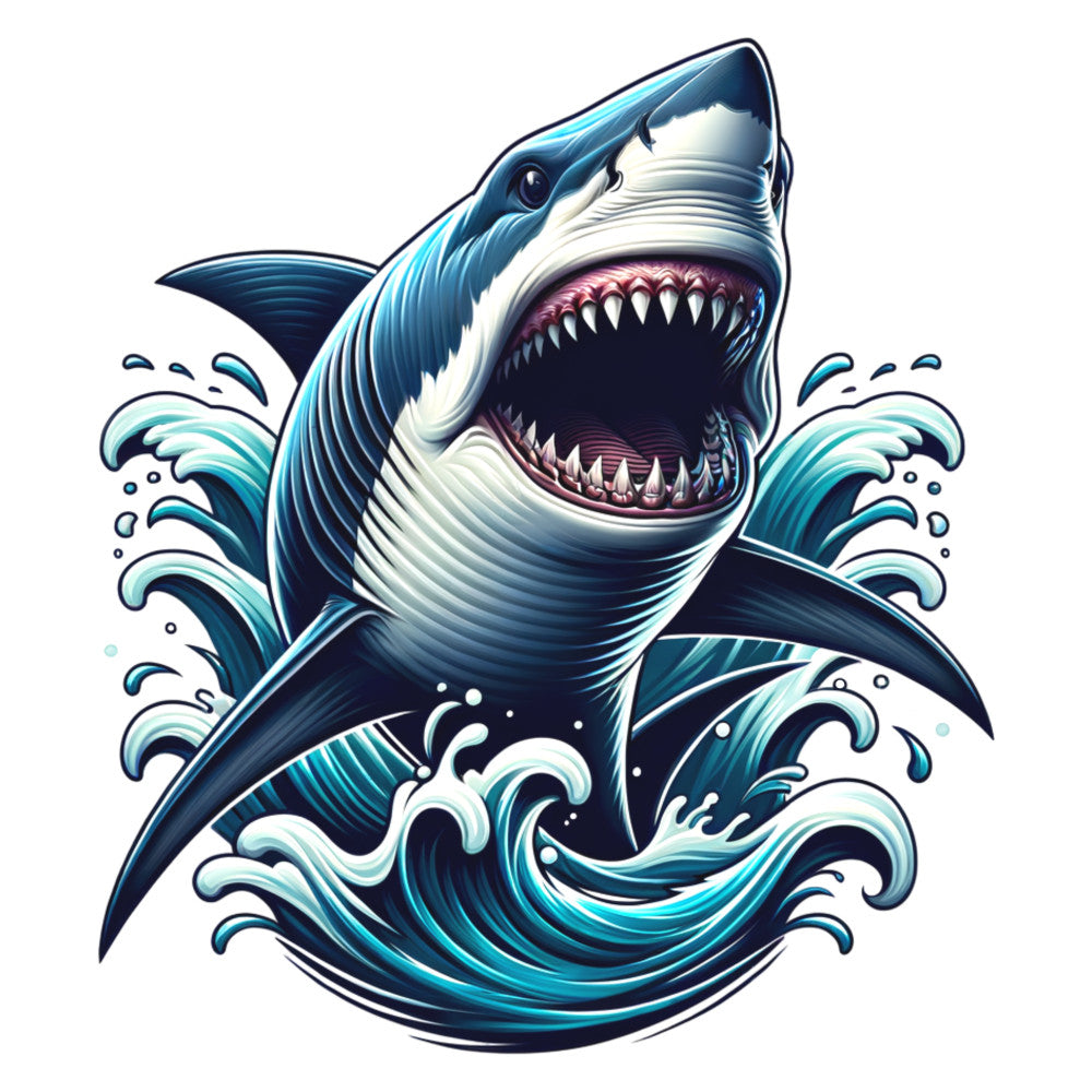 navy blue, teal, white, cream, pink, shark, ocean waves, water splashes, marine life, fierce expression, open mouth, sharp teeth, dramatic, intense, fabric panel, quilting cotton, sea creature, aquatic theme, powerful, dynamic movement