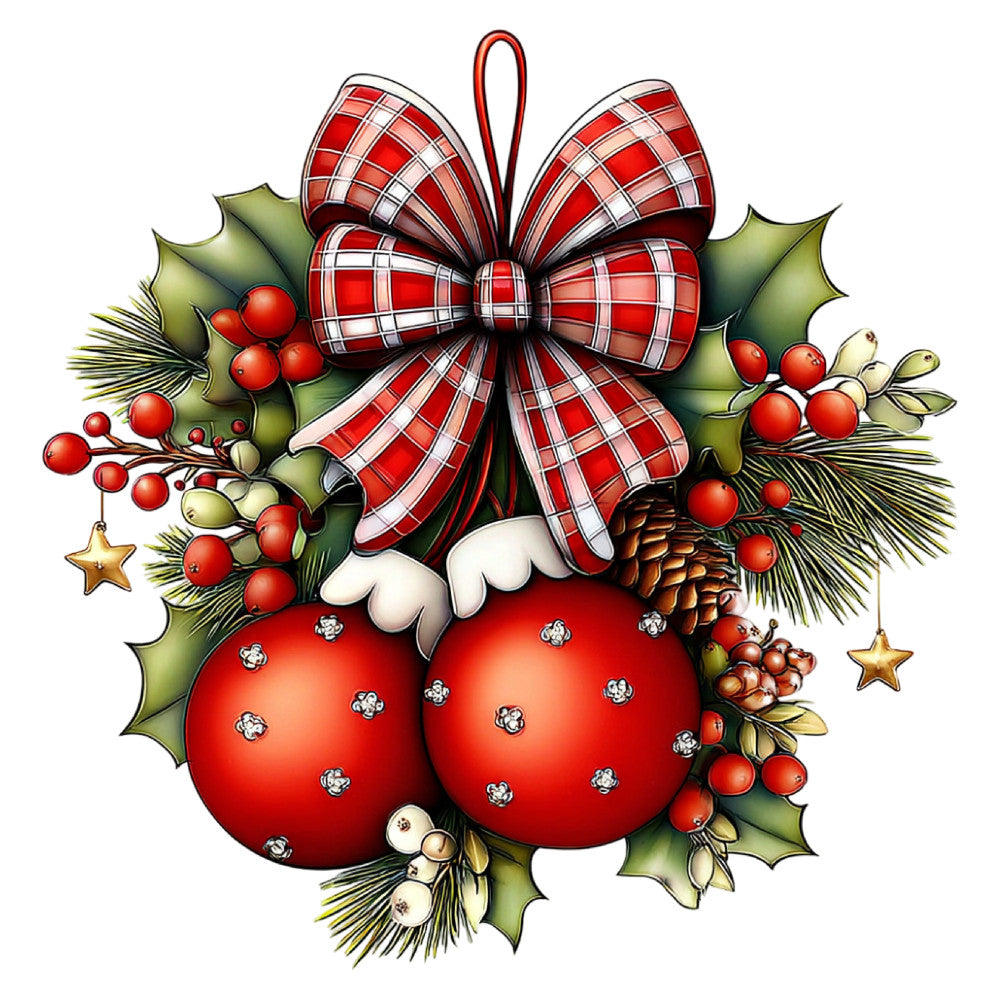 red, white, cream, forest green, sage green, gold, plaid, checkered, holly, berries, pine cones, stars, bow, ribbon, Christmas, holiday, festive, elegant, traditional, whimsical, ornaments, baubles, winter, evergreen, nature, decorative, gift wrap inspired, vintage, classic