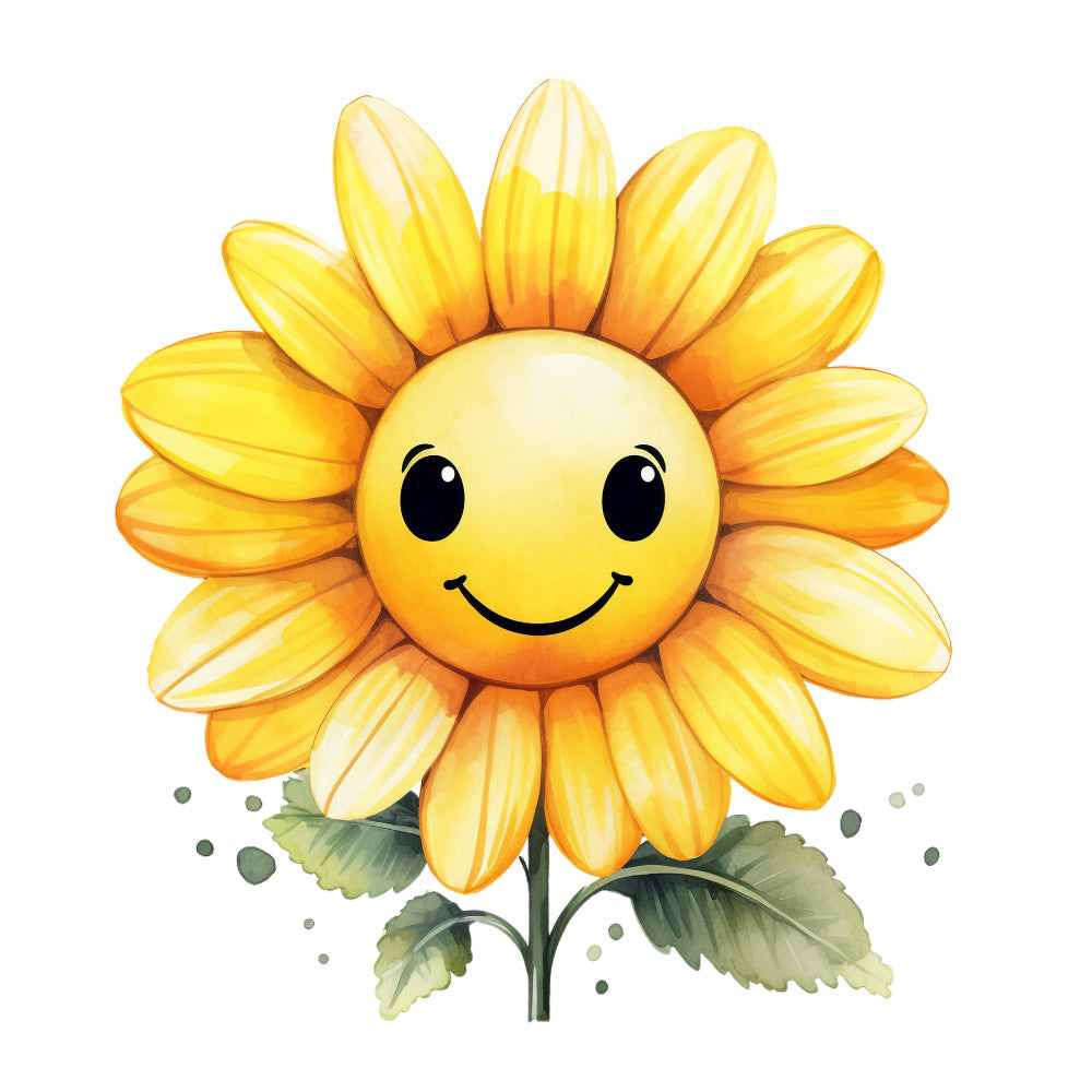 yellow, orange, golden, sunflower, smiling face, happy flower, cartoon style, cheerful, bright colors, green leaves, stem, whimsical, cute character, fabric panel, quilting cotton, children's design, sunny, kawaii style, floral motif, craft fabric