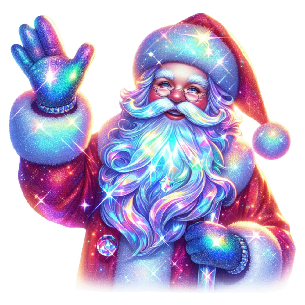 holographic santa, rainbow, iridescent, neon, cosmic, celestial, christmas, holiday, santa claus, metallic, glitter, sparkle, magenta, hot pink, electric blue, cyan, purple, turquoise, gold, whimsical, festive, jolly, magical, winter, novelty, dimensional, shimmering, luminous, night sky, stars