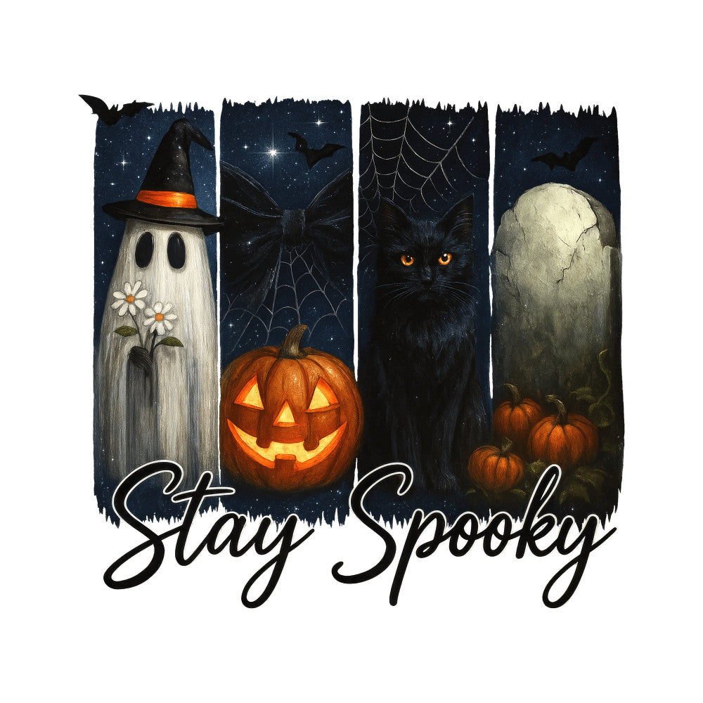 halloween, spooky, stay spooky, ghost, black cat, jack-o-lantern, pumpkin, witch hat, cobweb, spider web, gravestone, tombstone, autumn, fall, night sky, stars, starry, dark blue, navy blue, cream white, orange, black, whimsical, spooky season, gothic, celestial, holiday, seasonal, wall hanging, festive
