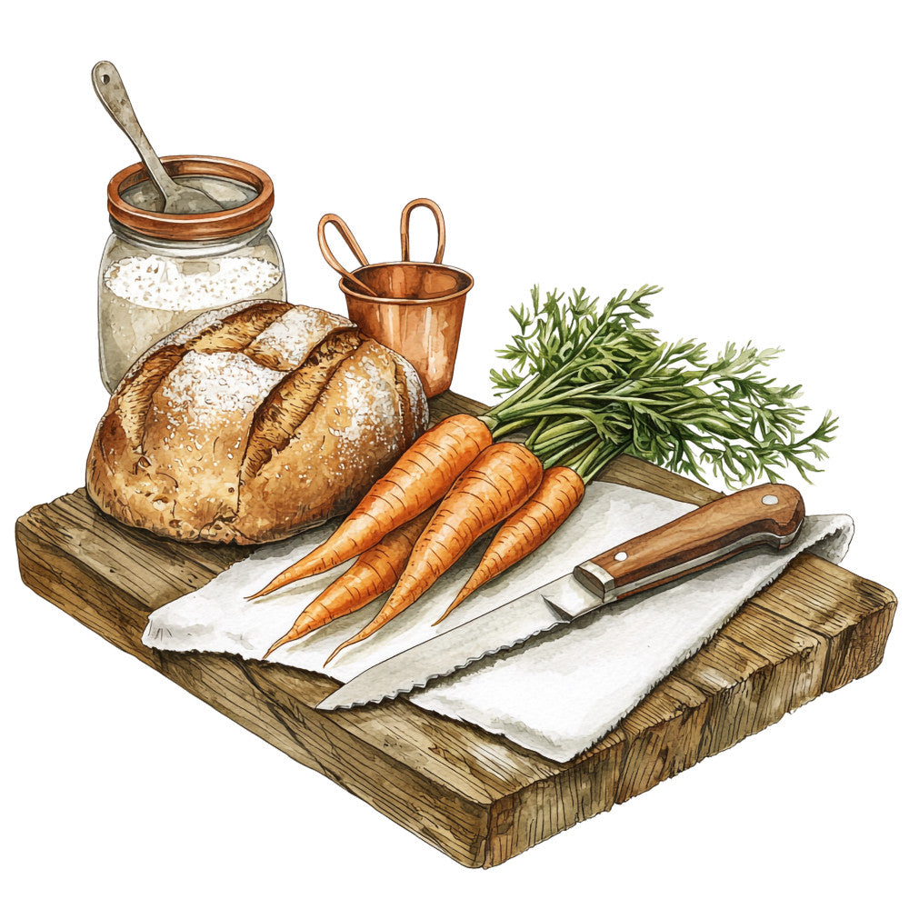 fabric panel, country kitchen, rustic bread, fresh carrots, copper utensils, wooden cutting board, kitchen knife, herb sprigs, mason jar, flour container, warm browns, orange vegetables, green herbs, copper tones, cooking scene, farmhouse style, kitchen illustration, food preparation, artisan bread, vintage kitchenware