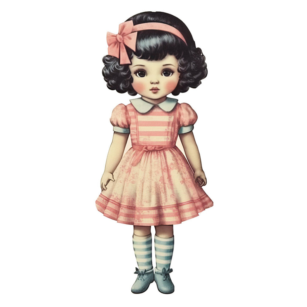 vintage doll, retro girl, pink striped dress, black curled hair, pink bow headband, peter pan collar, puffed sleeves, nostalgic, 1940s style, 1950s aesthetic, whimsical children, classic doll, coral pink, cream ivory, soft blue, green striped socks, mary jane shoes, sweet girl motif, vintage illustration, storybook character, nursery theme, baby girl, children's clothing panel, doll dress, retro fashion, pastel colors, charming details, classic americana, mid-century modern, timeless design