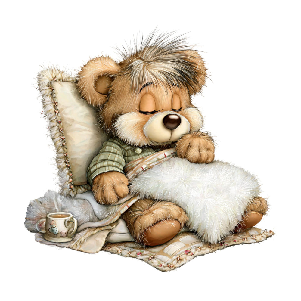 teddy bear, cute animals, nursery, baby quilt, cozy, warm, tan, cream, beige, brown, soft colors, whimsical, children's, storybook, vintage, gentle, snuggled, bedtime, sweet, comforting, sleeping bear, pastoral, traditional, illustration style, character panel, decorative, wall hanging, child's room, flannel, plush