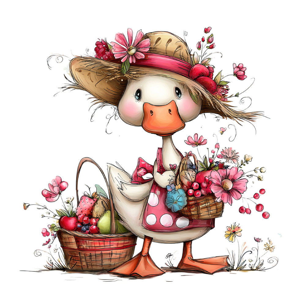 whimsical duck, farmhouse, spring, floral, animal, coral orange, cream, dusty rose, pink flowers, polka dots, baskets, fruits, berries, daisies, cottage core, vintage, cheerful, children, baby quilt, nature, garden, strawberries, apples, pears, decorative birds, folk art, country, sweet, charming, pastoral