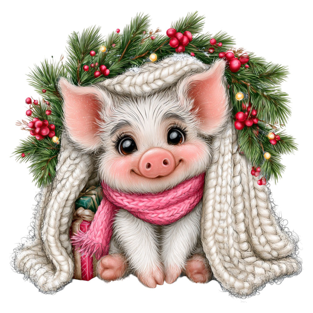 christmas pig, holiday pig, festive pig, whimsical pig, cute pig, pink pig, white pig, cream colored, forest green, red berries, gold accents, evergreen branches, holly berries, winter theme, christmas animals, farmhouse style, country style, whimsical style, playful character, holiday decoration, christmas fabric, winter holiday, festive theme, animal motif, pig character, braided hair, pink scarf, cozy winter, cheerful design, decorative panel