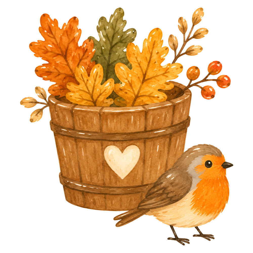 autumn leaves, fall foliage, orange, golden yellow, warm brown, cream, burnt orange, rustic, farmhouse, woodland, nature, bird, robin, heart, berries, seasonal, autumn, fall, cozy, traditional, whimsical, harvest, thanksgiving, wooden basket, cottage core, country style, decorative panel, wall art, autumn decoration