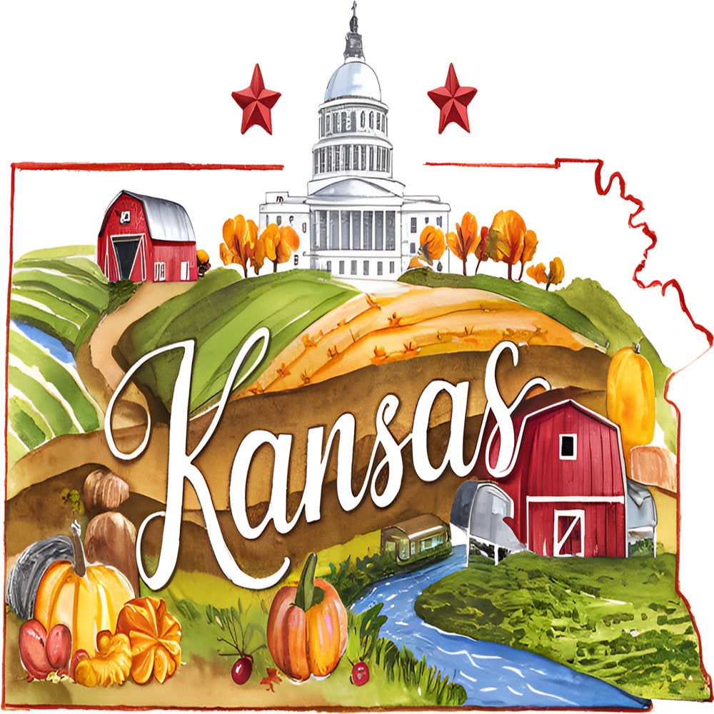 Classic US States Fabric Panel 33 featuring Kansas landscape with barns, pumpkins, river, and state capitol in premium quilting cotton print.