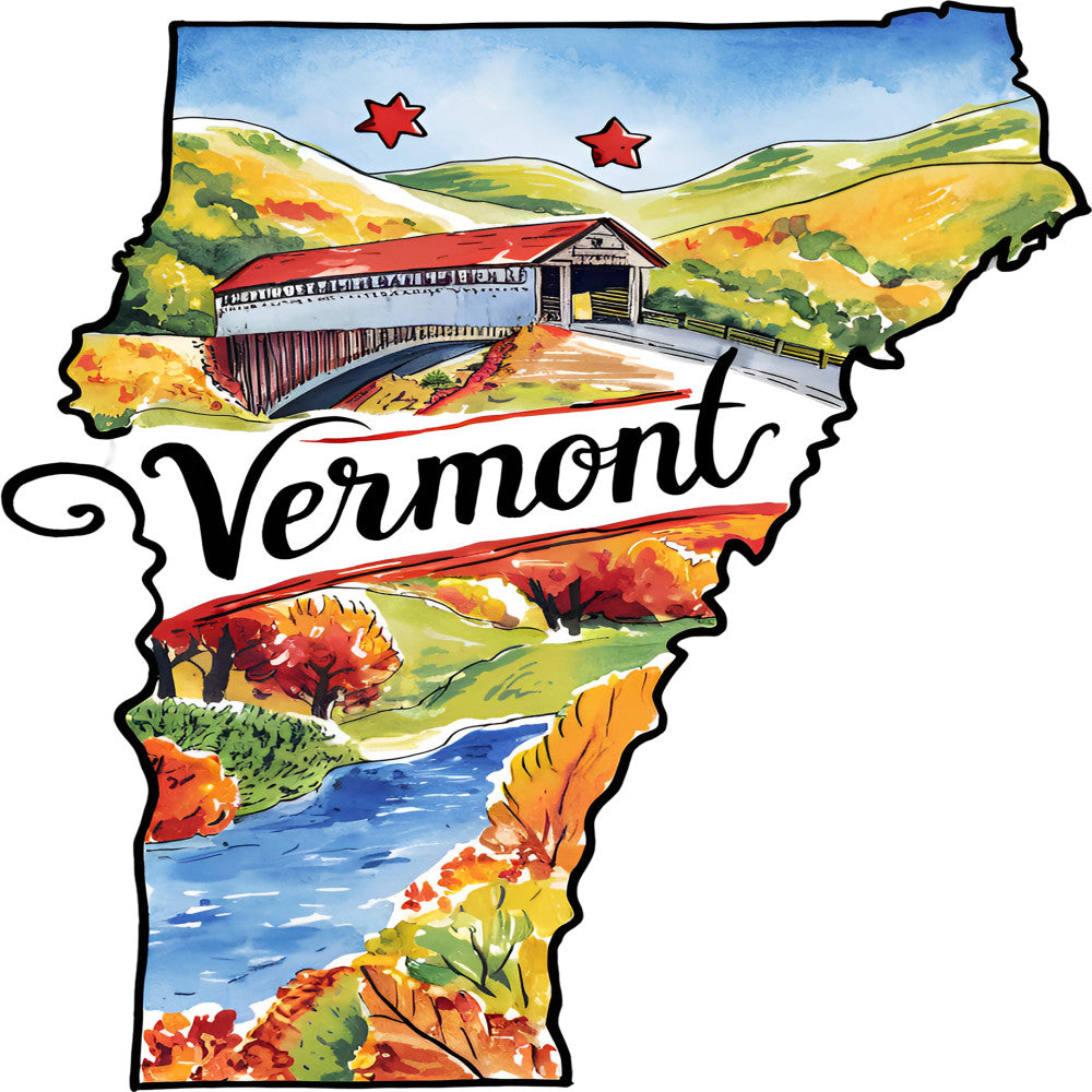 Classic US States Fabric Panel 25 featuring Vermont with colorful autumn landscape and covered bridge, printed on premium quilting cotton.