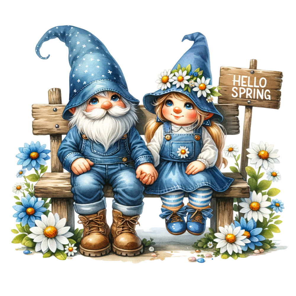 spring gnomes, garden gnomes, blue denim, white daisies, wooden bench, starry hat, blonde braids, fabric panel, quilting cotton, spring flowers, cottage core, whimsical characters, pastel blues, floral motifs, seasonal design, craft panel, sewing project, children's fabric, fantasy illustration, watercolor style