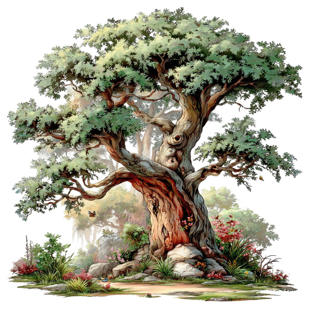 ancient tree, forest green, sage green, cream, brown, earthy tones, nature, botanical, woodland, tree of life, large scale, whimsical, fantasy, magical, rustic, elegant, timeless, landscape, scenic, birds, wildflowers, red flowers, flowering plants, garden, heritage, vintage botanical, artistic, illustration style, wall hanging, nature lover