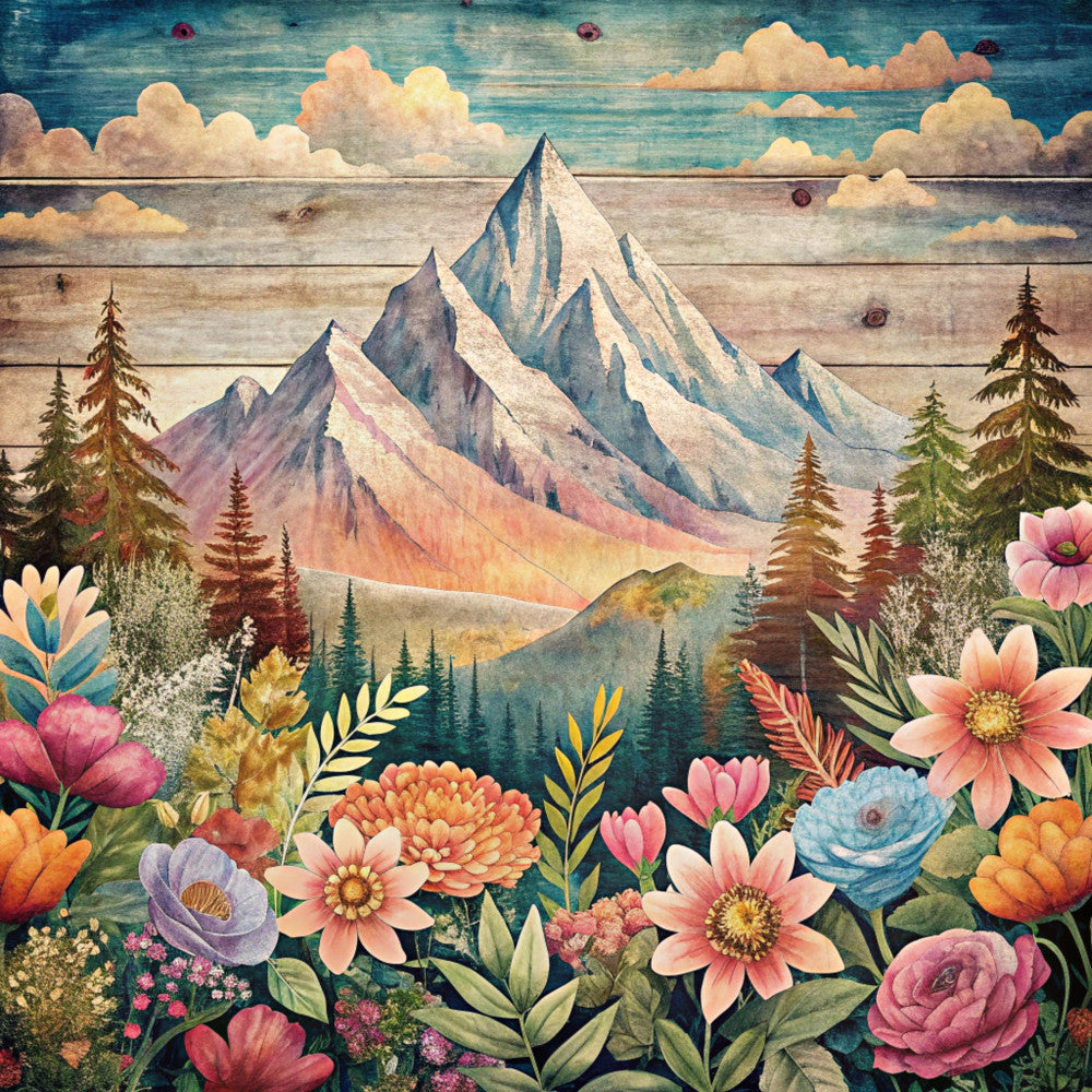 mountain landscape, floral border, snow-capped peaks, evergreen trees, fabric panel, pink flowers, blue roses, orange marigolds, purple blooms, wooden plank texture, cloudy sky, nature scene, botanical elements, quilting cotton, alpine wilderness, pastel colors, rustic wood grain, scenic vista, outdoor theme, watercolor style
