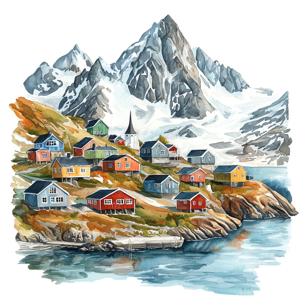 watercolor painting, nordic village, snow-capped mountains, colorful houses, red buildings, blue buildings, yellow buildings, green buildings, coastal scene, fjord landscape, church steeple, rocky shoreline, autumn colors, orange foliage, fabric panel, quilting cotton, scandinavian style, mountain landscape, harbor scene, peaceful village