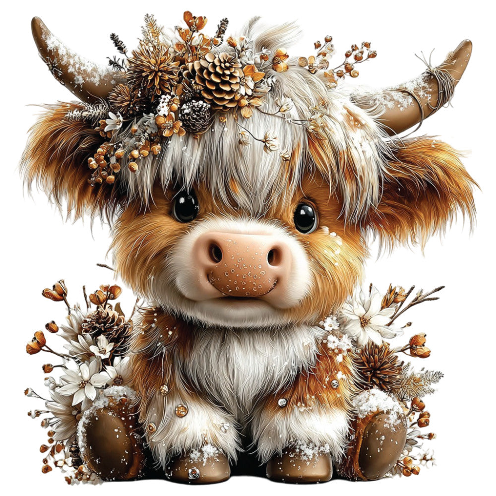 christmas highland cow, fabric panel, quilting cotton, winter floral, pine cones, brown fur, white face, horns, seasonal decorations, autumn flowers, rustic charm, holiday crafting, adorable calf, festive botanicals, earth tones, cream white, golden brown, winter berries, cute animal, holiday sewing