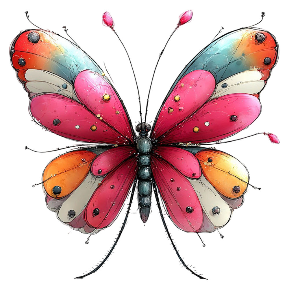 butterfly, pink, coral pink, red, orange, magenta, turquoise, blue, cream, white, insects, nature, whimsical, artistic, illustration, watercolor, detailed, ornate, spring, summer, colorful, multi-colored, decorative, elegant, botanical, fantasy, magical, children, nursery, wall art