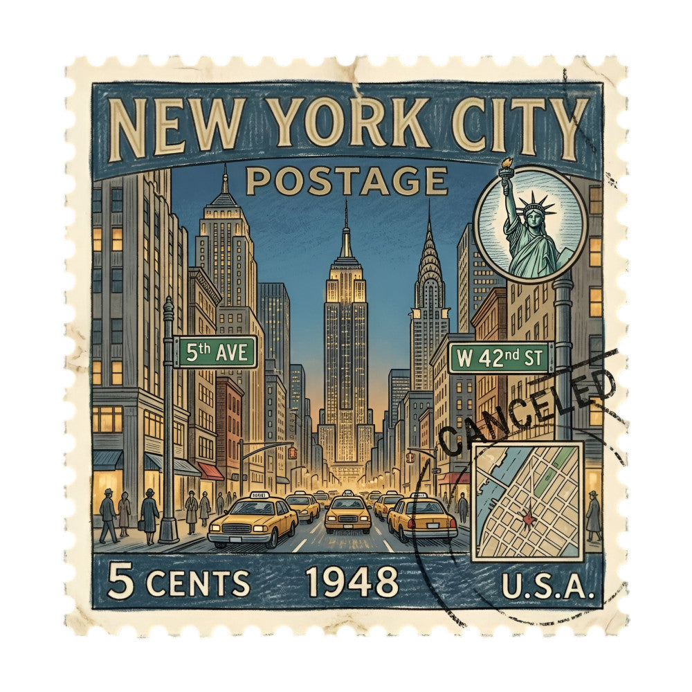vintage new york city, 1948, postage stamp, art deco, cream, navy blue, gold, tan, urban landscape, skyline, empire state building, chrysler building, statue of liberty, yellow taxi cabs, street scene, retro, nostalgic, mid-century, americana, travel theme, destination print, classic, elegant, collectible, decorative panel, wall hanging, home decor, novelty print