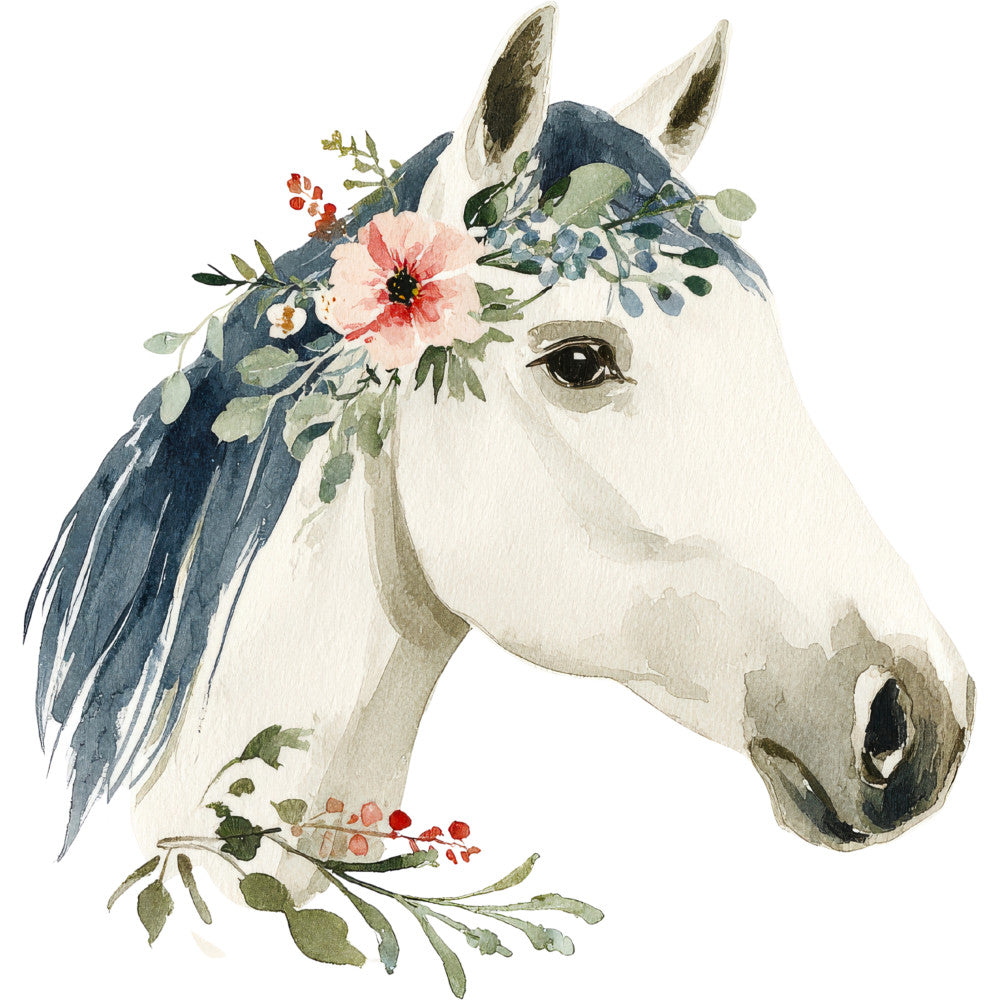 watercolor horse, white horse, blue mane, floral crown, pink flowers, green foliage, red berries, soft pastels, equestrian art, boho style, dreamy illustration, fabric panel, quilting cotton, nursery theme, whimsical design, painted effect, botanical elements, gentle mood, artistic rendering, craft fabric
