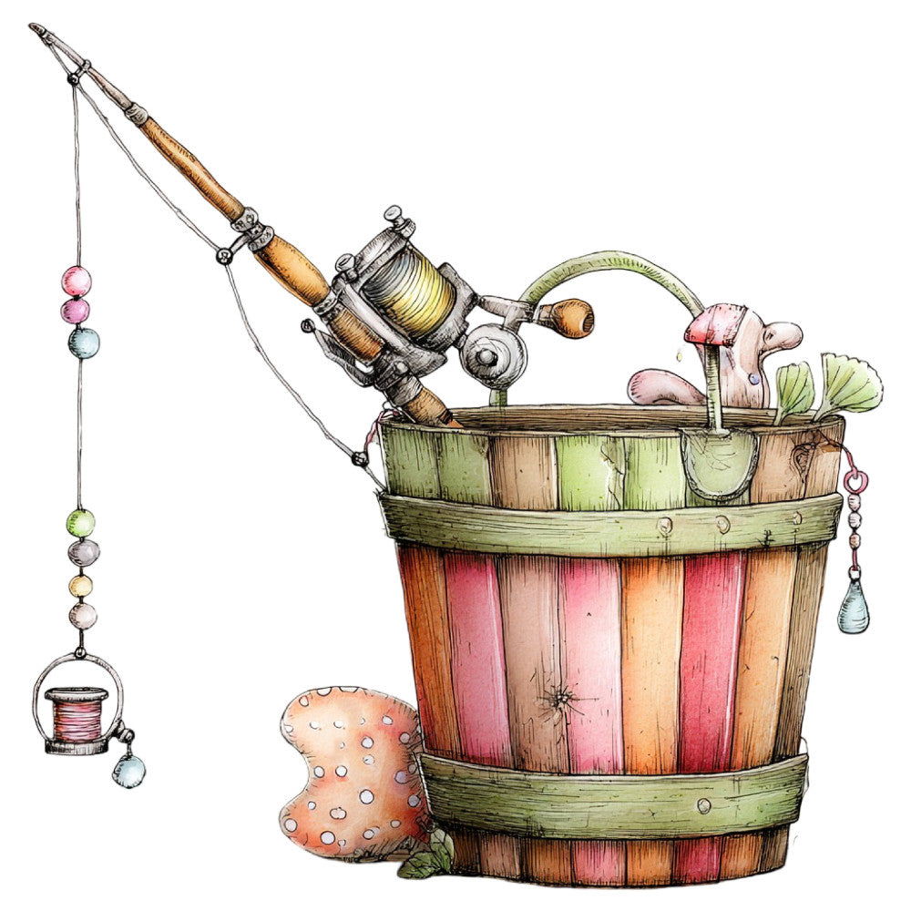 fishing, vintage fishing, whimsical, steampunk, nautical, bucket, fishing rod, reel, mushroom, beads, coral pink, rust red, sage green, cream, tan, brown, nature, cottage core, fantasy, adventure, novelty, embellished, dimensional, hand-drawn, illustration, storybook, quirky, eclectic, mixed media, conversation print