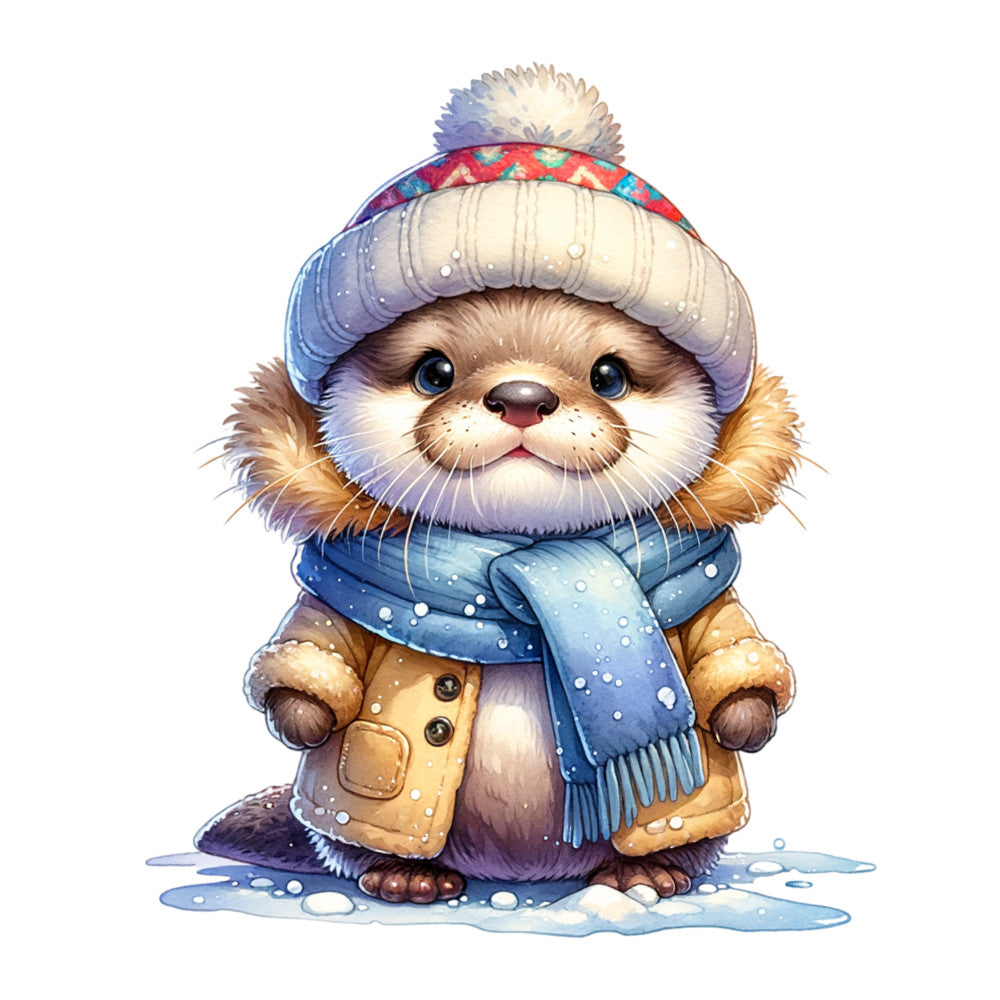 adorable otter, winter clothing, knit beanie, blue scarf, tan jacket, snowflakes, watercolor style, cute animal, fabric panel, quilting cotton, winter theme, brown fur, pastel colors, baby animal, whimsical illustration, seasonal design, soft textures, children's fabric, nursery decor, woodland creature