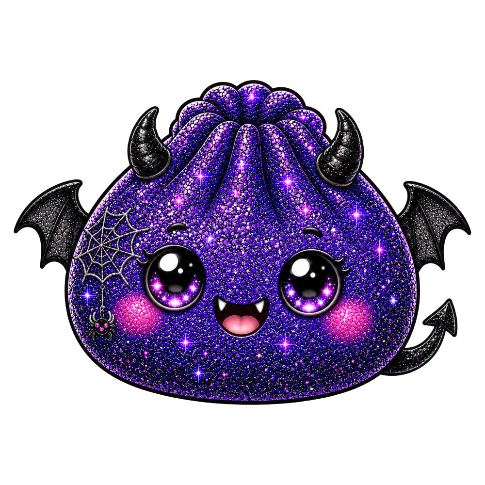 purple glitter, deep purple, magenta, hot pink, black, sparkly, shimmery, cute creature, demon, devil horns, bat wings, spiderweb, spider, big eyes, smiling face, whimsical, playful, magical, halloween, spooky, gothic, fantasy, character design, embellished, iridescent, glittery, supernatural, quirky, dark whimsy, children's fabric