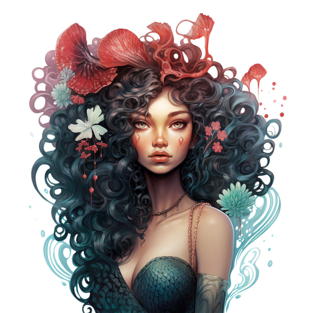 mermaid, coral red, teal blue, sea green, curly hair, ocean flowers, hibiscus blooms, fantasy art, digital illustration, fabric panel, quilting cotton, ocean theme, mythical creature, flowing hair, underwater scene, floral elements, feminine portrait, aquatic design, dreamy artwork, watercolor style
