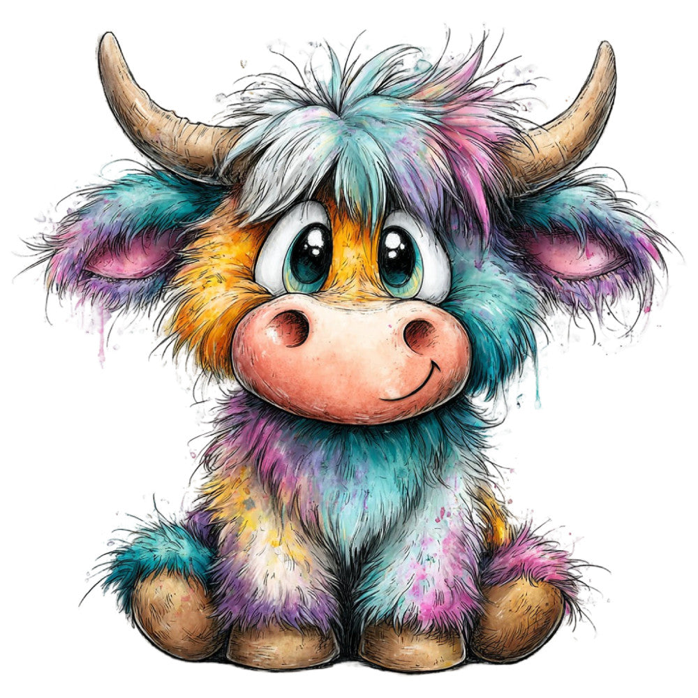 colorful, multicolor, rainbow, turquoise, teal, pink, magenta, purple, yellow, gold, orange, white, cream, brown, tan, cute animals, highland cattle, bull, whimsical, playful, fantasy, modern, contemporary, child-friendly, kids, nursery, baby, animal portrait, character design, illustration style
