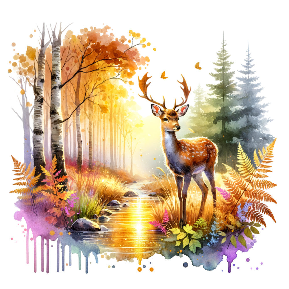 autumn forest, deer, birch trees, watercolor, gold, orange, yellow, purple, magenta, evergreen, ferns, woodland, nature, animals, fall foliage, whimsical, artistic, abstract watercolor, stream, forest animals, golden light, leaves, rustic, bohemian, wall art, home decor, nature lovers, seasonal, autumn colors, enchanted forest