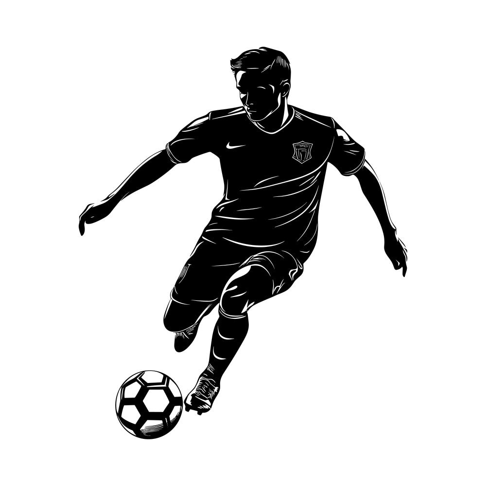 soccer player, sports, athletic, black and white, monochrome, silhouette, sports silhouette, soccer, football, athlete, action pose, dynamic pose, nike, team sports, youth sports, boys, masculine, modern, graphic, line art, engraved style, woodcut style, sports themed, athletic wear, competitive sports, ball sport, wall hanging, sports decor, teenager, sports fan