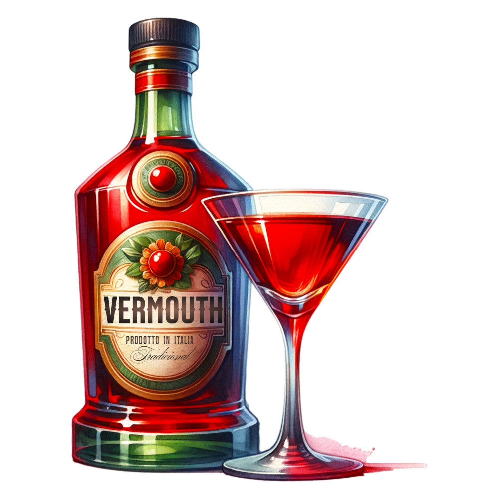 vermouth bottle, red liquid, martini glass, deep red, emerald green, gold accents, italian label, alcohol theme, beverage illustration, glossy finish, realistic art, fabric panel, quilting cotton, bar scene, cocktail motif, vintage bottle, drinking glass, ruby red, forest green, metallic details