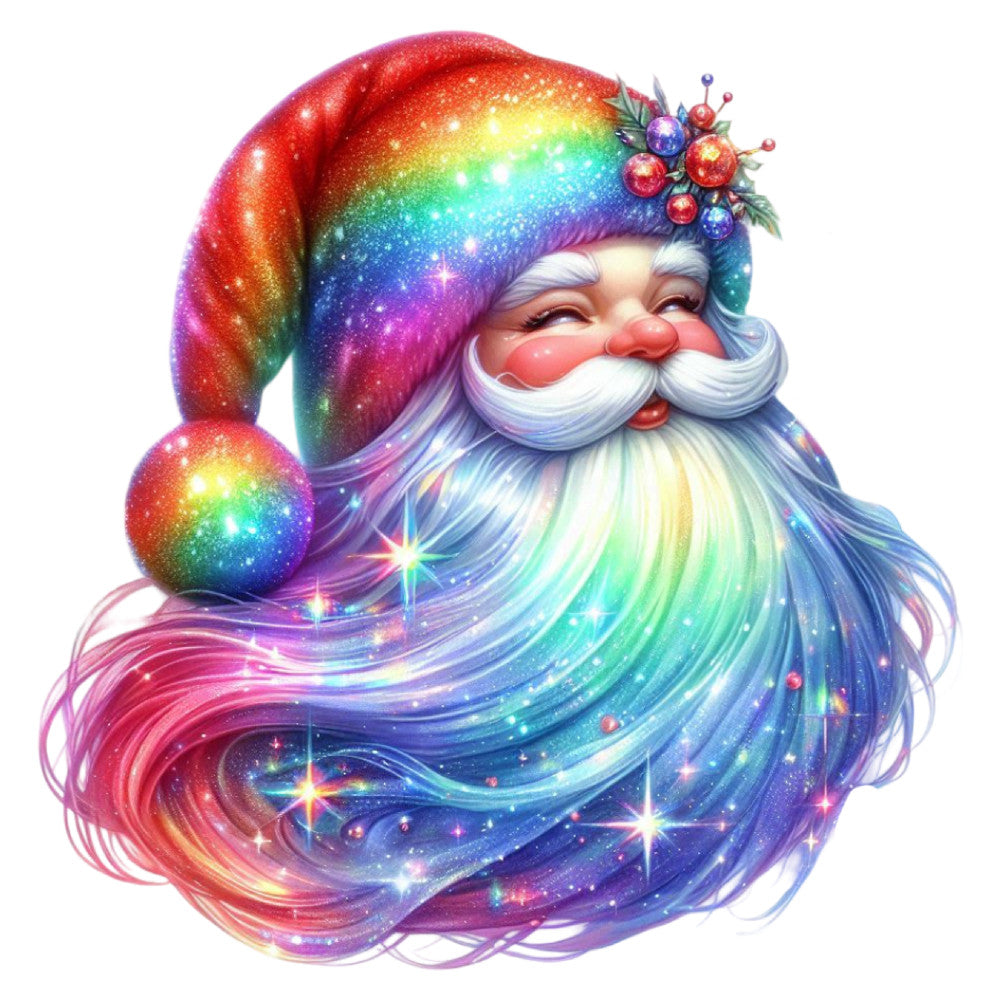 rainbow santa, multicolor santa, christmas holiday, festive santa, whimsical santa, magical santa, sparkly glitter, iridescent, holographic, bright rainbow, red, pink, purple, blue, green, yellow, gold, silver, jolly santa face, santa with beard, christmas theme, winter holiday, festive design, glowing lights, stars, sparkles, whimsical style, magical theme, cheerful, vibrant colors