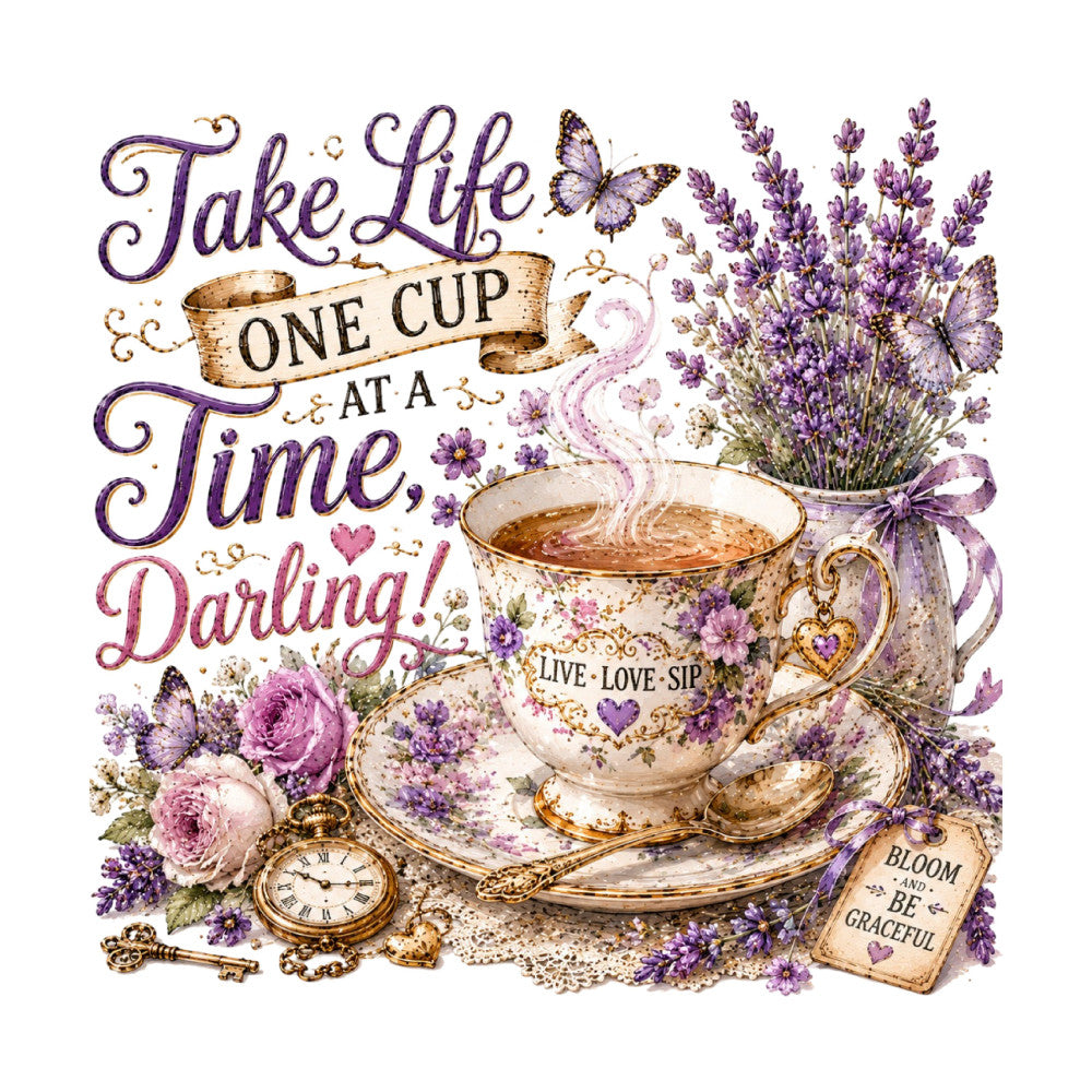 purple, lavender, dusty rose, cream, gold, floral, vintage, butterflies, roses, tea cup, pocket watch, keys, hearts, botanical, elegant, romantic, whimsical, cottage core, victorian, inspirational quotes, teacup, lavender flowers, spring, summer, nature, garden, traditional, feminine, shabby chic, steampunk accents