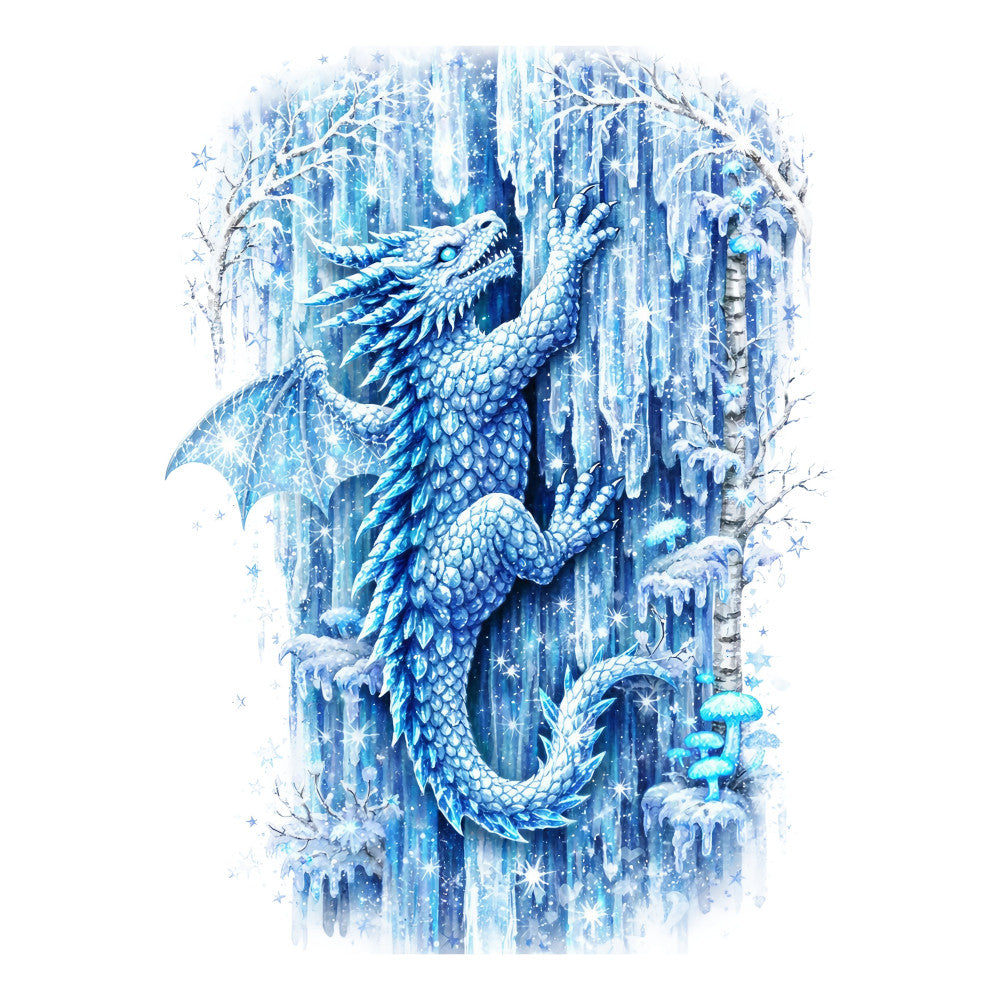ice blue, winter white, deep blue, icy blue, silver, crystalline, dragon, fantasy, mythical creature, winter, frost, frozen, icicles, snowy, celestial, magical, whimsical, elegant, enchanted, scale pattern, detailed illustration, nature-inspired, seasonal, holiday, cold weather, ice castle, frozen forest, stars, sparkle effect, dimensional art