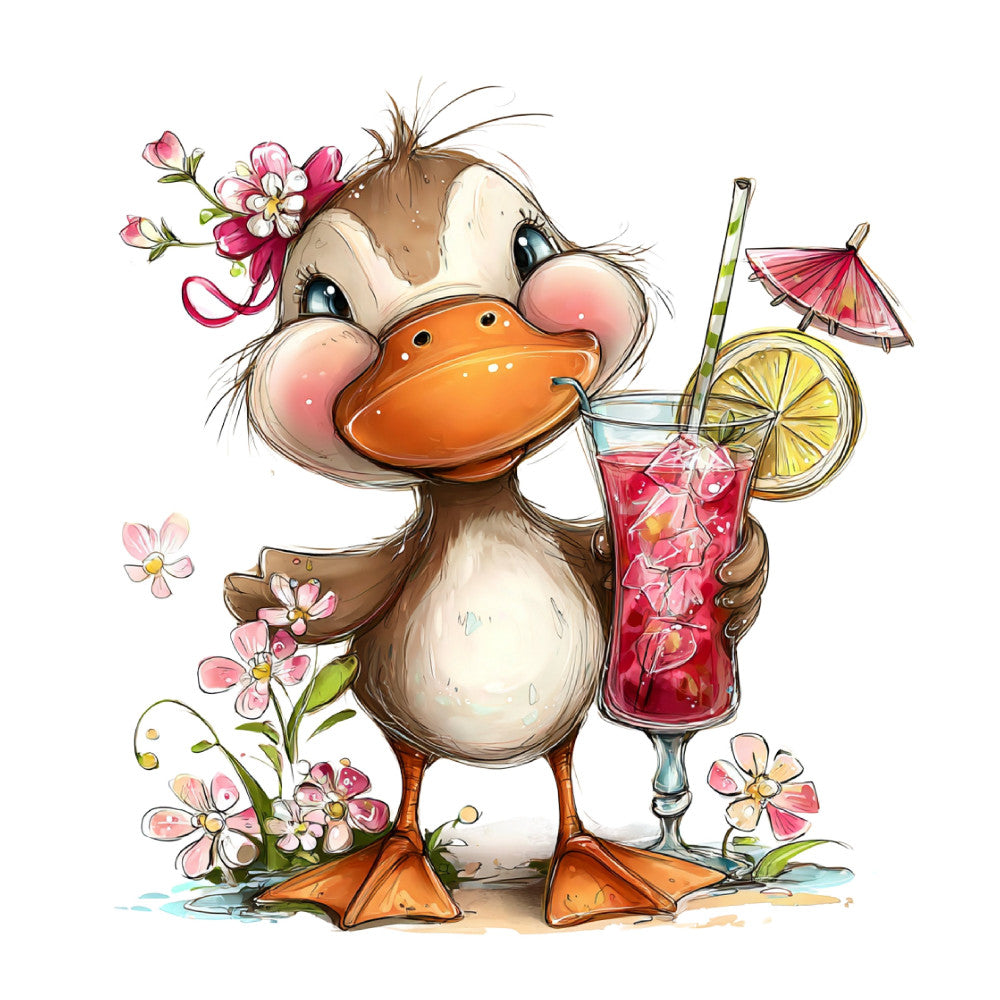 cute duck, whimsical animals, pink flowers, coral orange, cream white, brown, floral pattern, spring, summer, tropical drink, cocktail, umbrella, lemon slice, nature themed, animal character, playful style, children's fabric, cheerful design, pastel colors, rose pink, decorative flowers, garden theme, beverage motif, striped straw, illustrated animals, cute character, bright and cheerful, kid friendly, nursery theme, whimsy