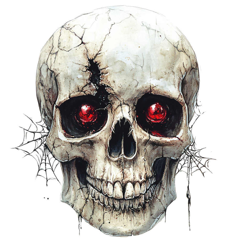 skull, red eyes, halloween, gothic, dark, spooky, bone white, cream, black, spider web, goth, horror, macabre, creepy, festive, seasonal, dark themed, skeleton, mystical, eerie, autumn, october, scary, evil, supernatural, death, wall art, home decor, dramatic, edgy