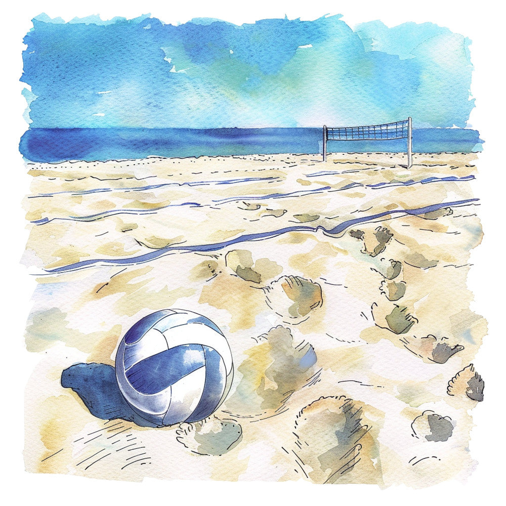 beach scene, coastal, ocean, watercolor, sky blue, navy blue, sandy tan, cream, seashells, shells, volleyball, beach ball, net, summer, nautical, seaside, whimsical, watercolor art, illustrated, sky, horizon, sand, waves, light blue, turquoise, beige, relaxation, vacation, travel