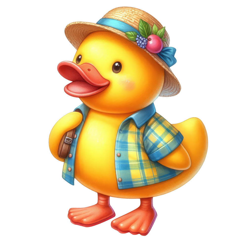 yellow duck, straw hat, blue plaid, coral orange, farmhouse, whimsical, animal, birds, spring, summer, vintage, rustic, children, baby quilt, cute, cheerful, country style, duck motif, blue ribbon, floral hat decoration, folk art, traditional, cottage core, berries, folk inspired, playful, bucolic, pastoral, pastoral scene