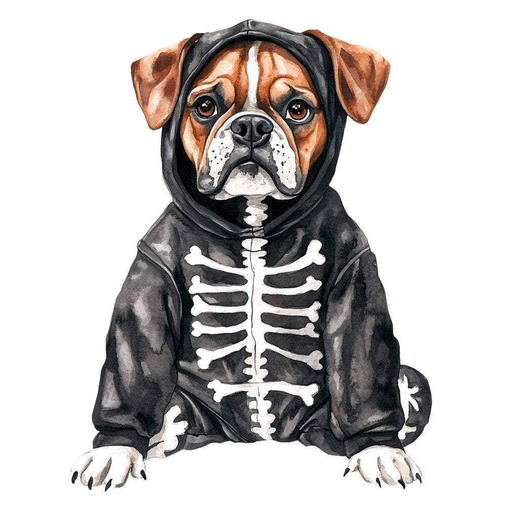 dog, bulldog, halloween, skeleton, bones, skull, costume, black, white, brown, tan, rust, spooky, gothic, whimsical, fun, playful, novelty, animal print, hooded costume, pet themed, trick or treat, humorous, cute, holiday, creepy, festive, dark humor, october