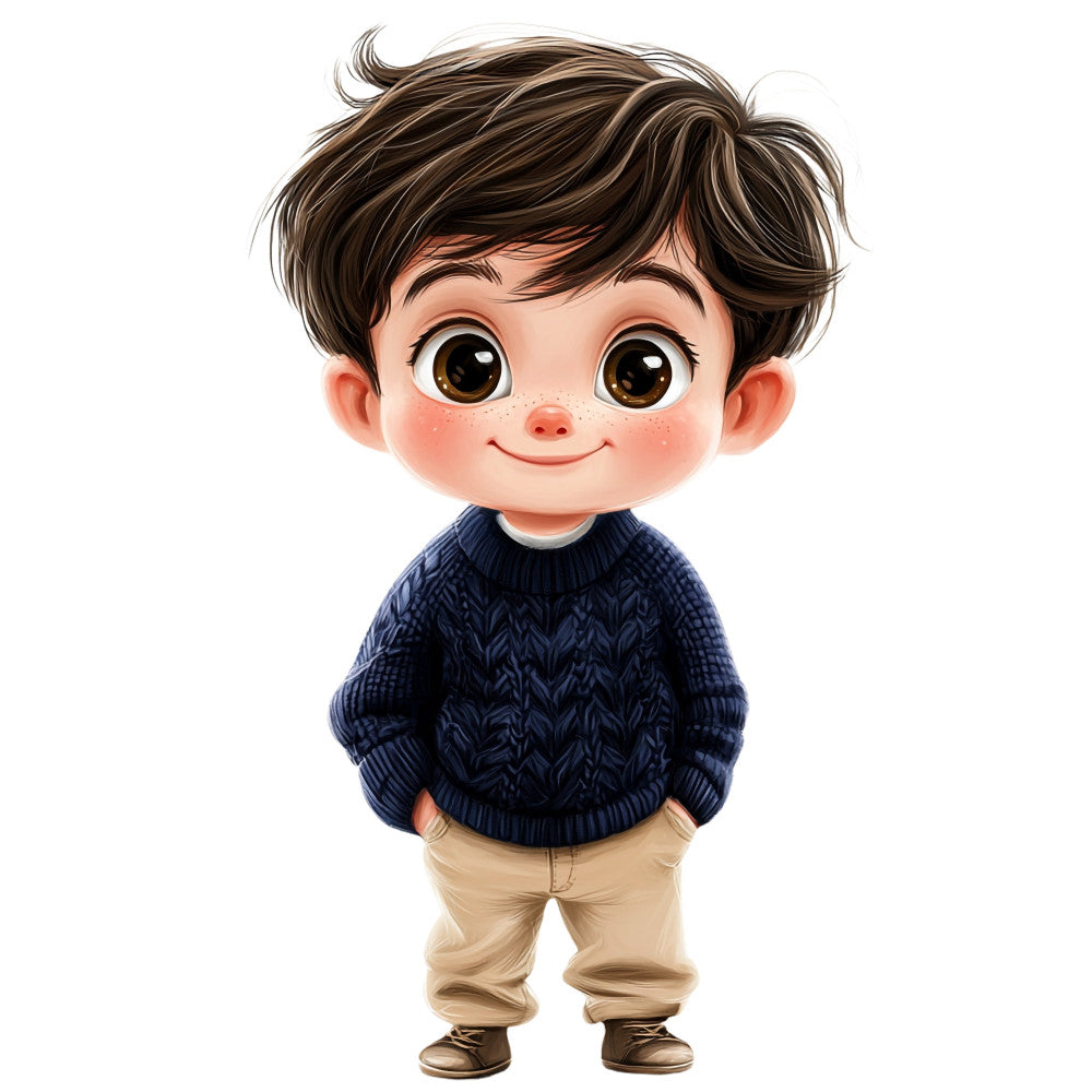 navy blue, tan, beige, cream, brown, dark brown, child character, boy character, cute, whimsical, playful, illustration, cartoon style, children's apparel, kids clothing, portrait panel, character panel, baby boy, toddler, nursery, casual wear, sweater motif, knit pattern, friendly face, expressive eyes, charming, innocent, youthful, children's bedding