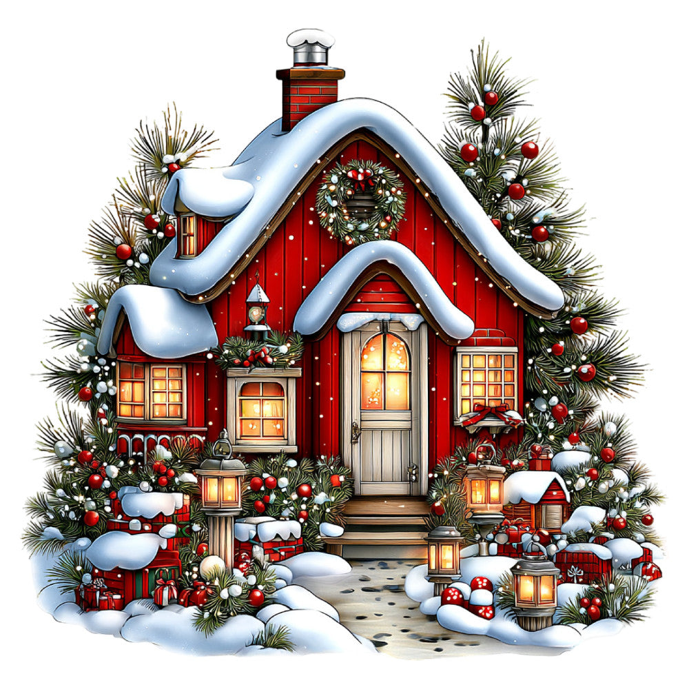 red house, christmas, holiday, snow, winter, festive, evergreen, pine branches, red berries, white berries, cottage, cozy cabin, lanterns, wreath, candy canes, gingerbread, whimsical, traditional, seasonal, december, festive decorations, warm gold, crisp white, forest green, burgundy red, brick red, snowy roofline, chimney, lit windows, cheerful