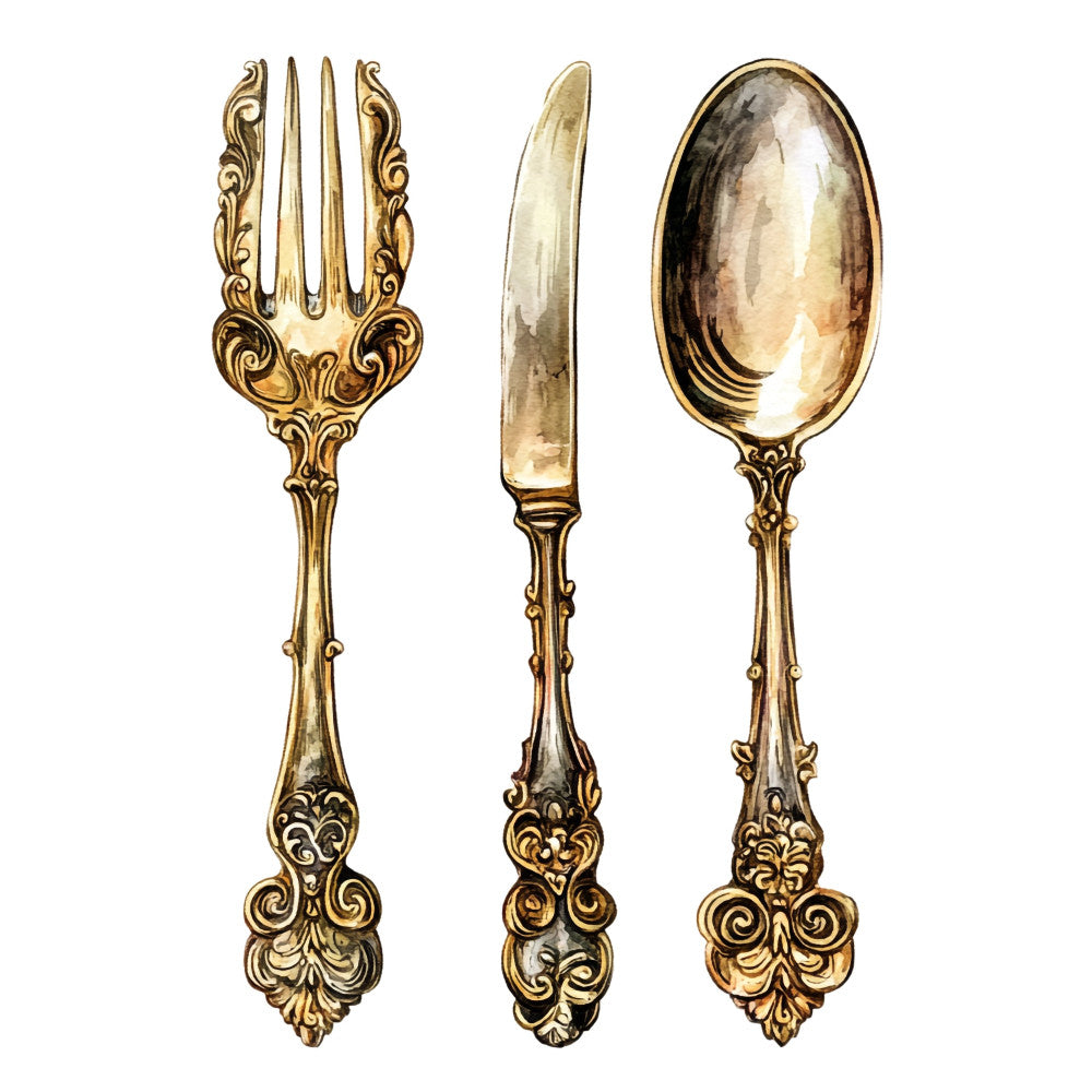elegant flatware, ornate silverware, vintage tableware, gold utensils, decorative cutlery, formal dining, classic design, baroque style, ornamental handles, dining room decor, kitchen textile, table setting, traditional style, damask inspired, scrollwork pattern, filigree details, antique gold, formal entertaining, Victorian style, timeless elegance, sophisticated pattern, home decor, tabletop design, metallic print, ornate motifs, culinary theme, vintage inspired, luxury style